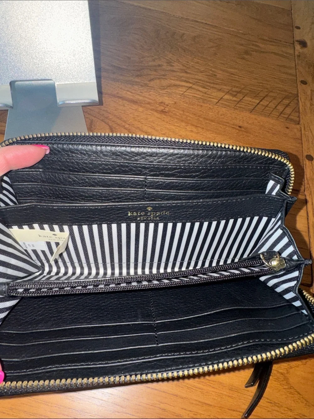 Kate Spade Black Pebbled Leather Zip-Around Wallet with Gold Spade Logo